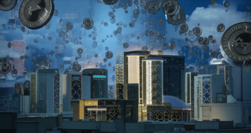 Stylized Persian cityscape representing Iran's financial system.