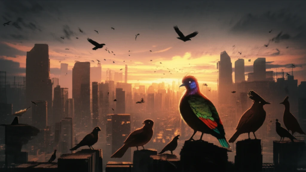 Urban birds silhouetted against a sunset cityscape, symbolizing conservation.