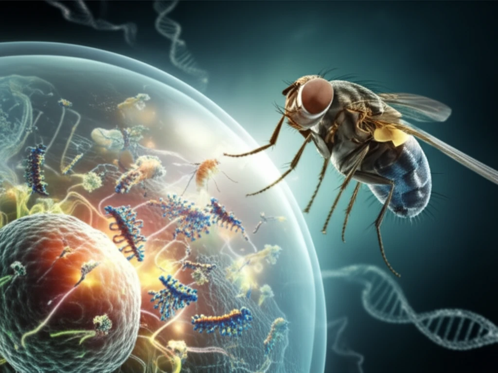 Surreal illustration of microRNAs orchestrating an immune response with a Drosophila symbol.