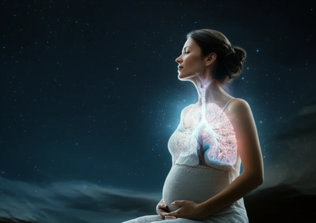 Woman with glowing lungs shaped like a blossoming tree representing asthma and fertility.