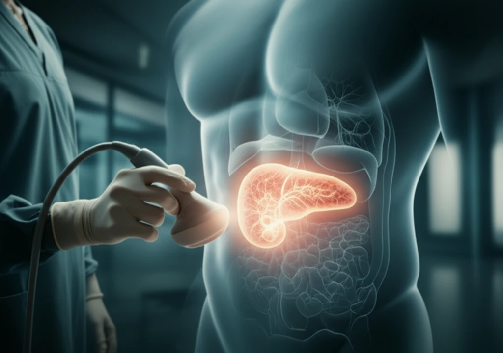 Surgeon using advanced ultrasound on glowing pancreas.