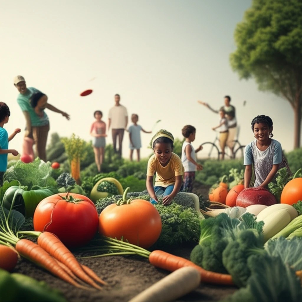 Children playing in a community garden, symbolizing health and fighting childhood obesity.