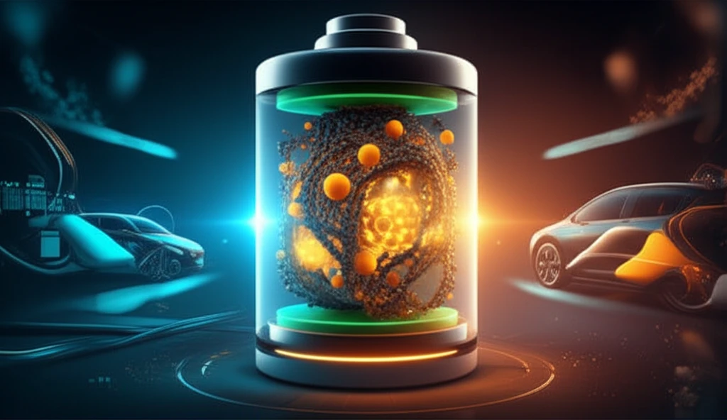 Surreal illustration of a lithium-sulfur battery cell with graphene, sulfur, and PVP.