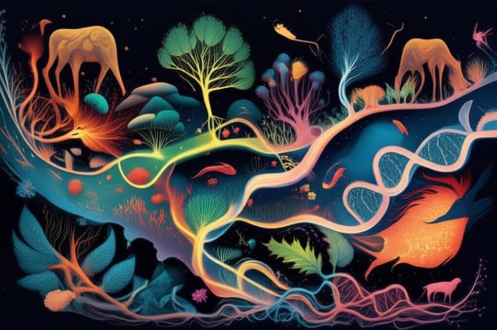 Horizontal gene transfer illustration showing genes flowing between species.
