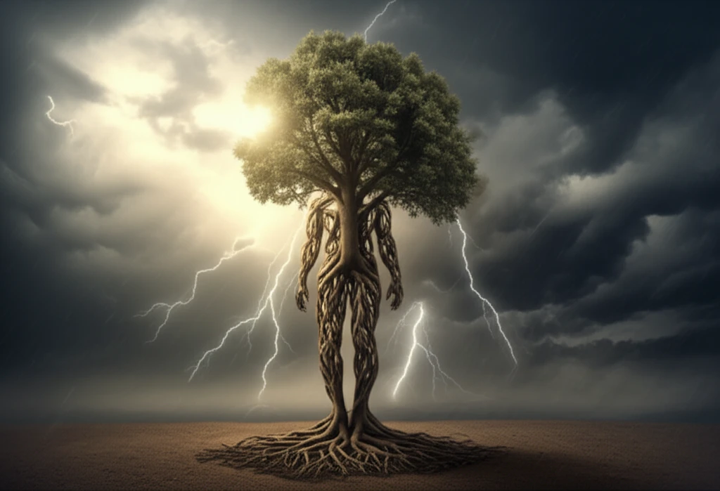 Mature tree symbolizes older adults standing strong against a storm (cancer treatment) with hopeful light.