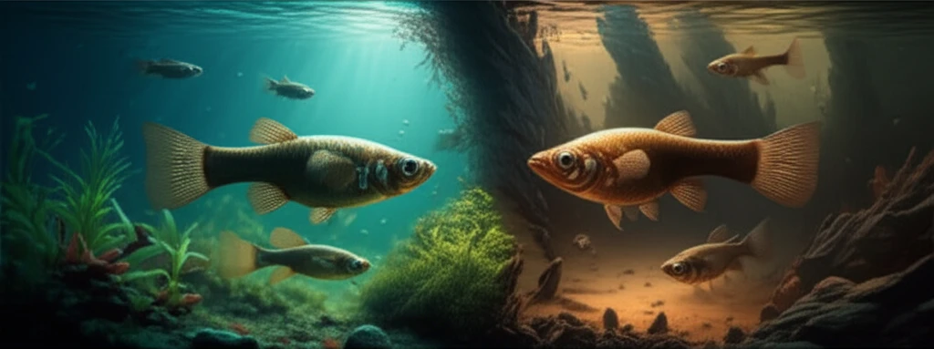 Mosquitofish in contrasting environments, symbolizing divergent evolutionary paths.