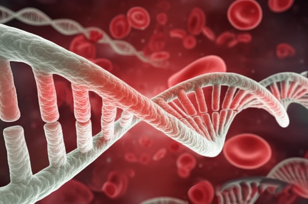 Complex network of blood cells and DNA strands representing MDS/MPN diagnostics.