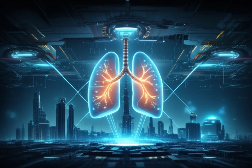 Surreal illustration of SABR treatment targeting lungs in a futuristic cityscape.