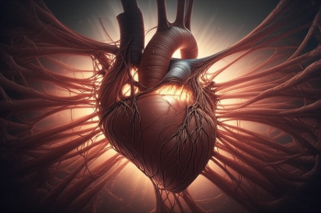 Surreal illustration of collagen strands protecting a damaged heart, with light shining through cracks, symbolizing IL-6 inhibitors for Scleroderma treatment.