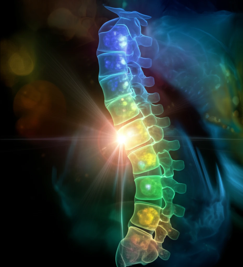 Symbolic illustration of spinal health and focused radiation therapy.