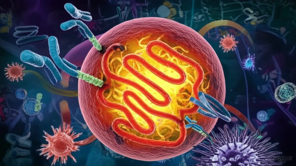 Microscopic cell with glowing endoplasmic reticulum representing vaccine-induced cellular stress.