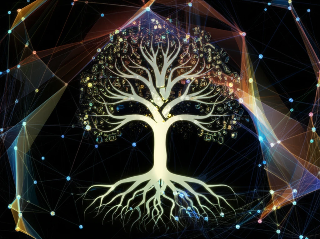 Digital illustration of a data network with a stylized tree representing the FP-Growth algorithm.