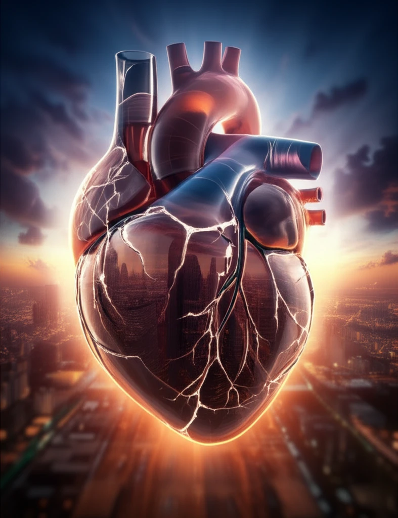Fragile heart in glass reflecting city at sunset, symbolizing heart health and environment.