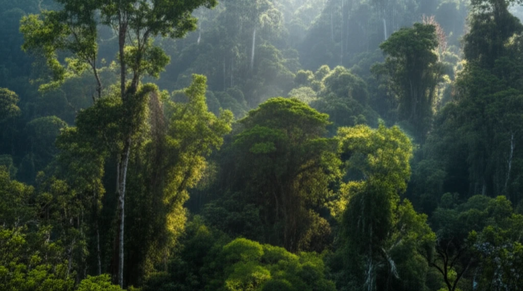 Surreal illustration of a Brazilian rainforest with a subtle yellow fever virus pattern, symbolizing hidden disease cycles.