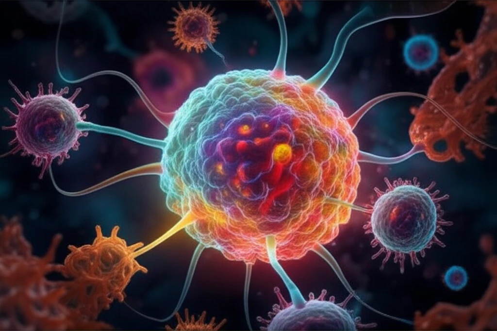 Miniature tumor glowing with vibrant colors, surrounded by immune cells.