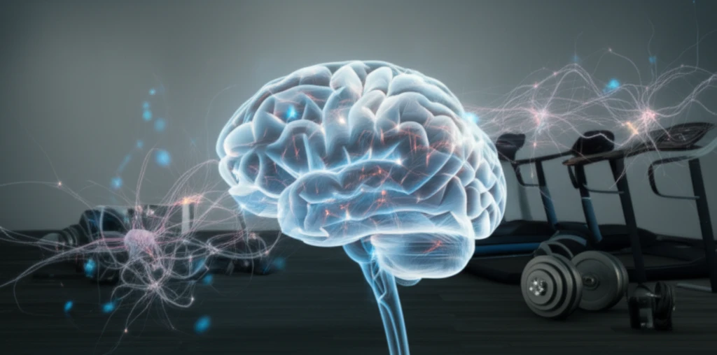 Brain pathways intertwined with exercise equipment, symbolizing mental and physical activity in diabetes management.