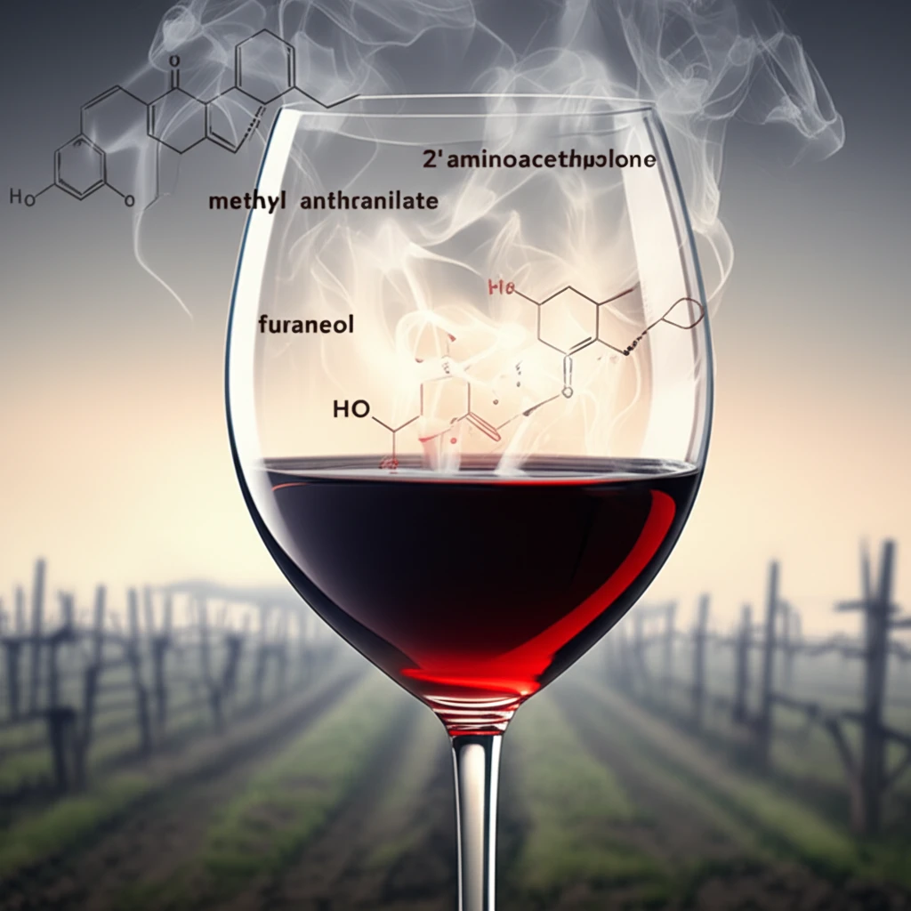 Aromatic compounds rising from a glass of wine, forming a vineyard landscape.