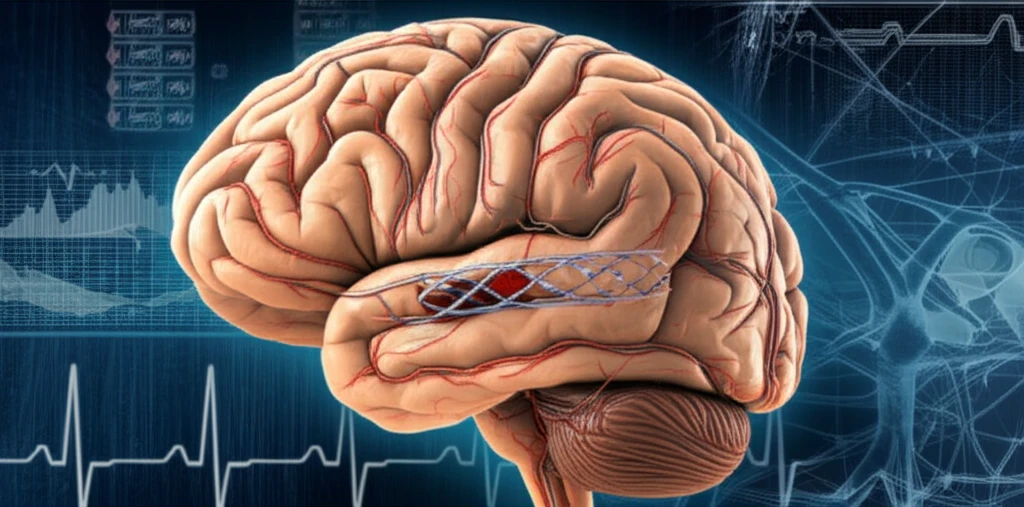 Brain with network of arteries and stent.