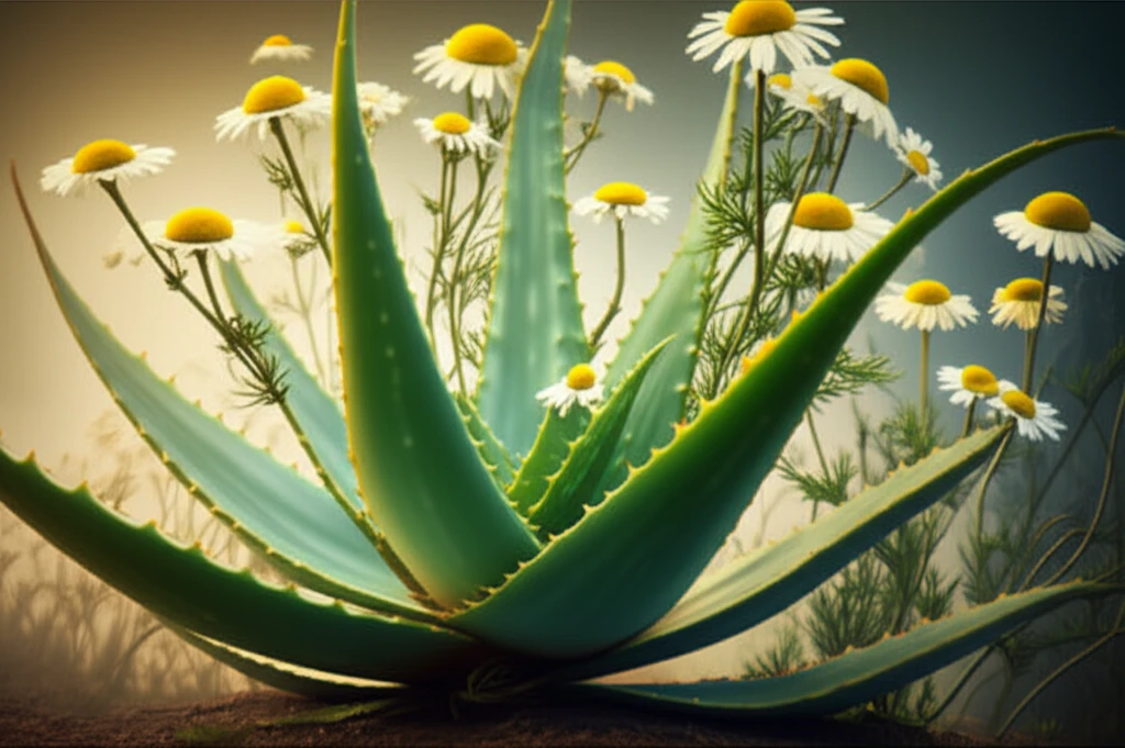 Aloe vera and chamomile intertwined, representing natural healing.