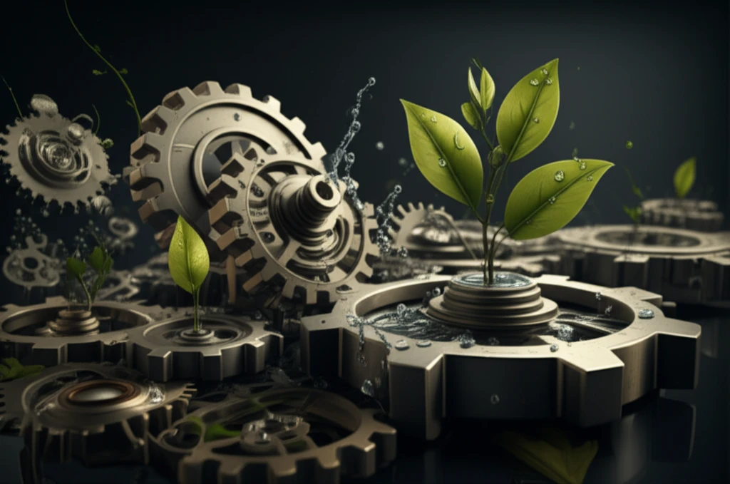 Interconnected gears and natural elements representing industrial symbiosis.