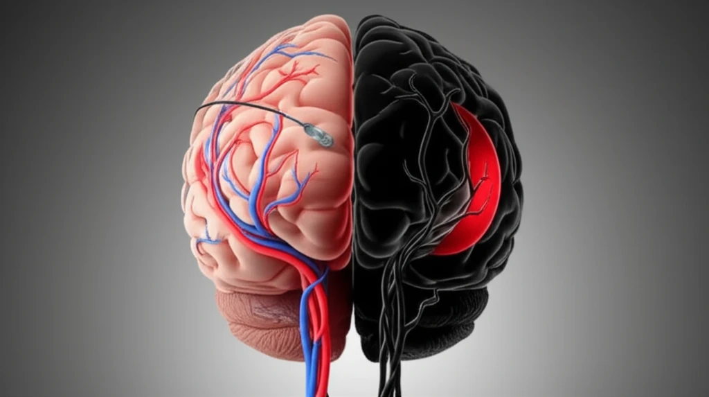 Illustration of a brain with healthy and blocked blood vessels, representing stroke treatment options.
