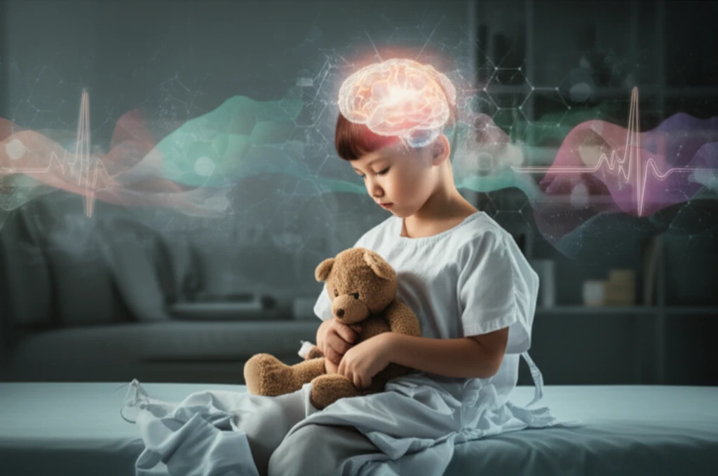 Child in hospital gown, brain activity, anesthesia illustration.