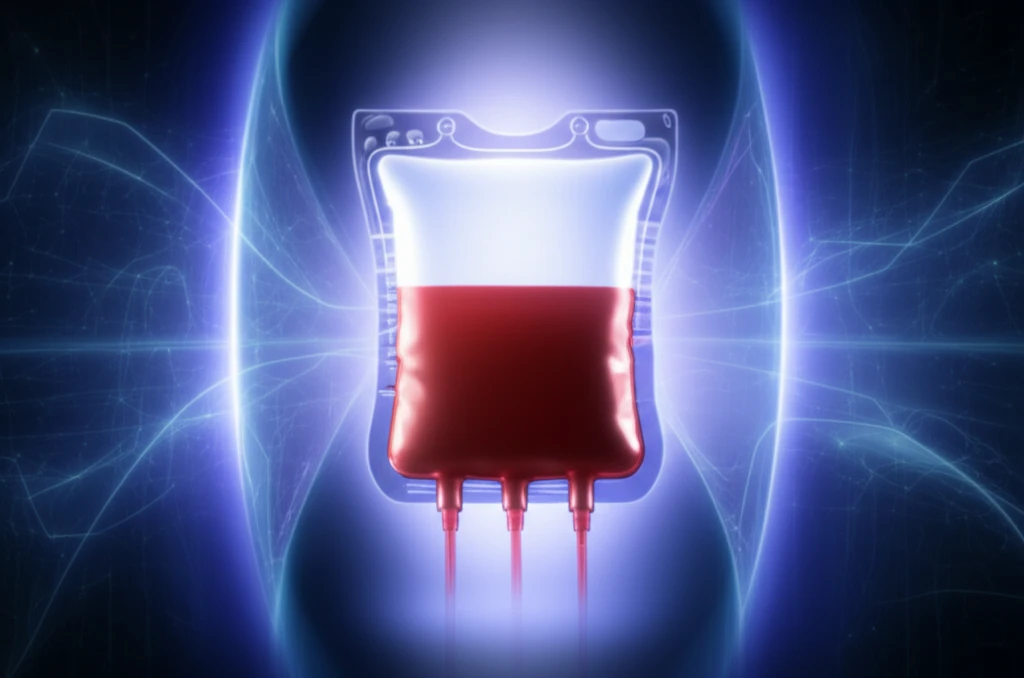 Stylized blood bag illuminated by ultraviolet light, symbolizing transfusion safety.