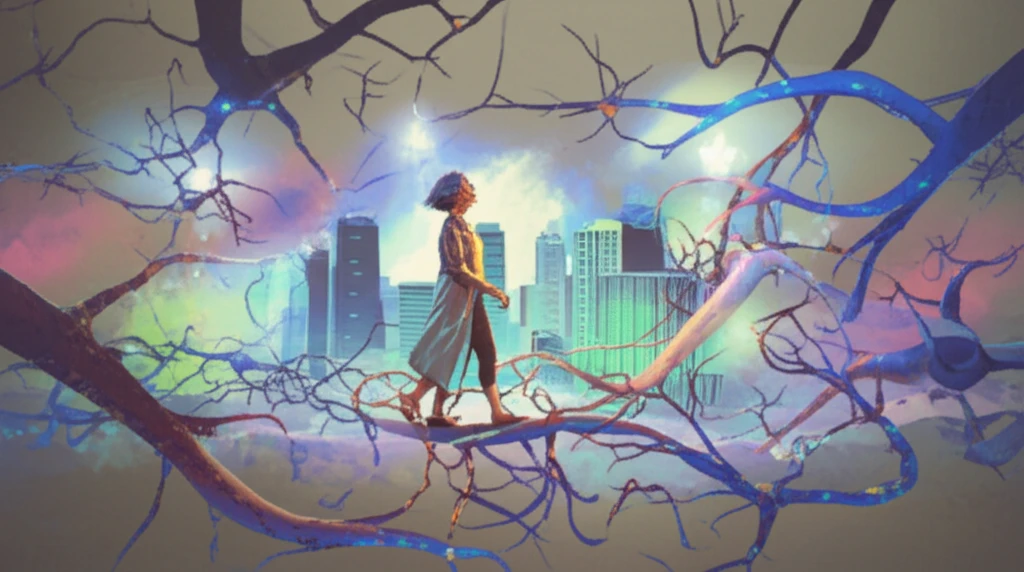 Older woman walks gracefully on a path of brain synapses, symbolizing ageless mobility.