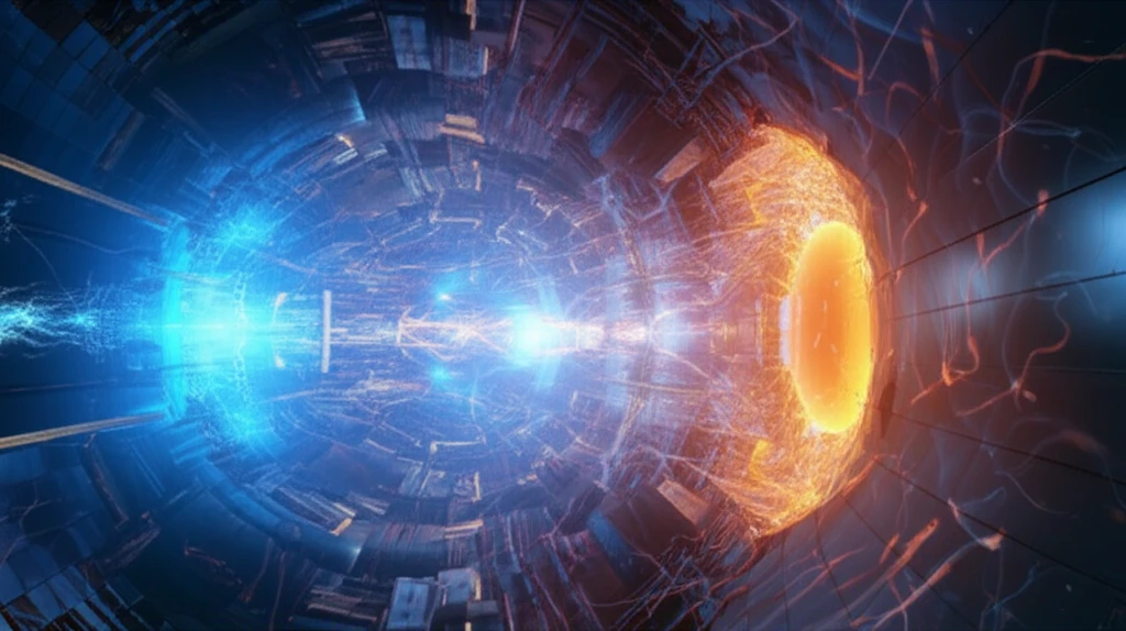 Fusion reaction inside a chamber, with neutrons activating glowing foils.
