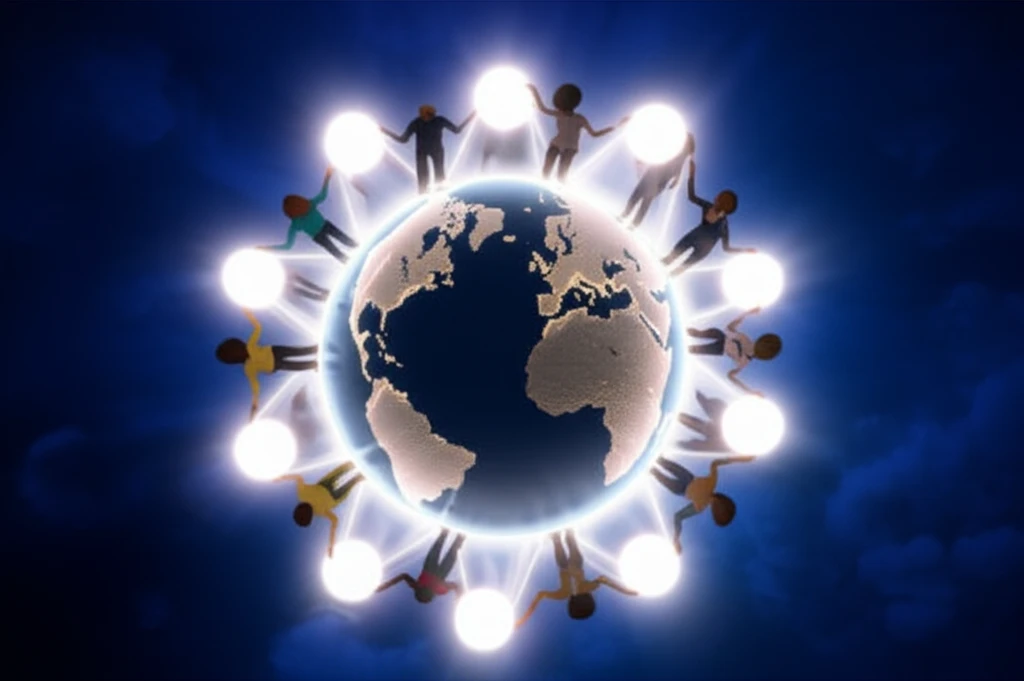 Diverse group of people holding glowing orbs of light, symbolizing language, forming a circle around the Earth.