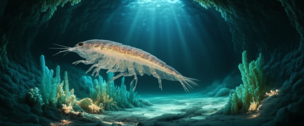 Translucent cave amphipod swimming in an underground stream