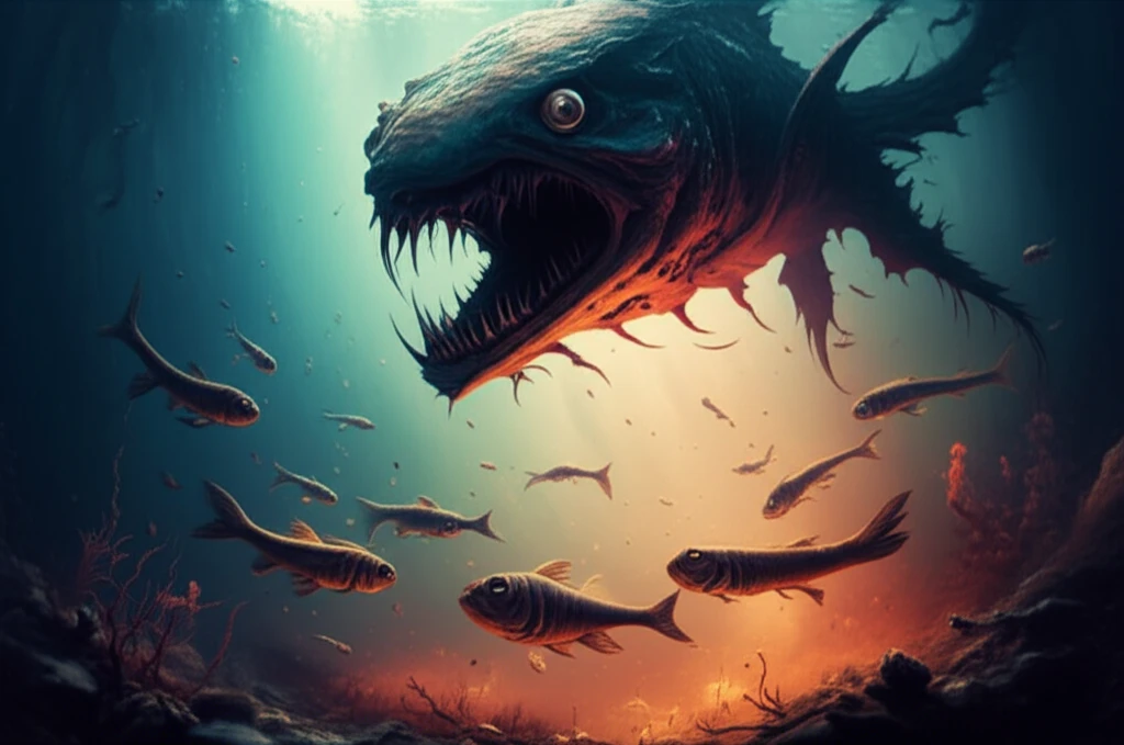 Larval fish swimming in contaminated water, facing looming predator.