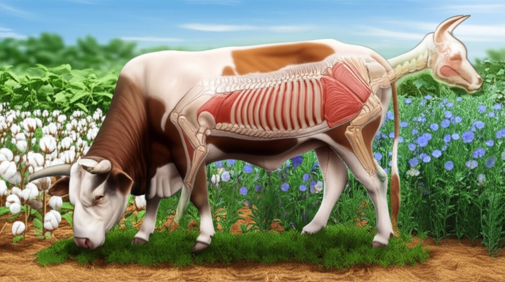 Zebu steer grazing in a field of diverse oleaginous grains, representing optimized cattle nutrition and enhanced carcass quality.