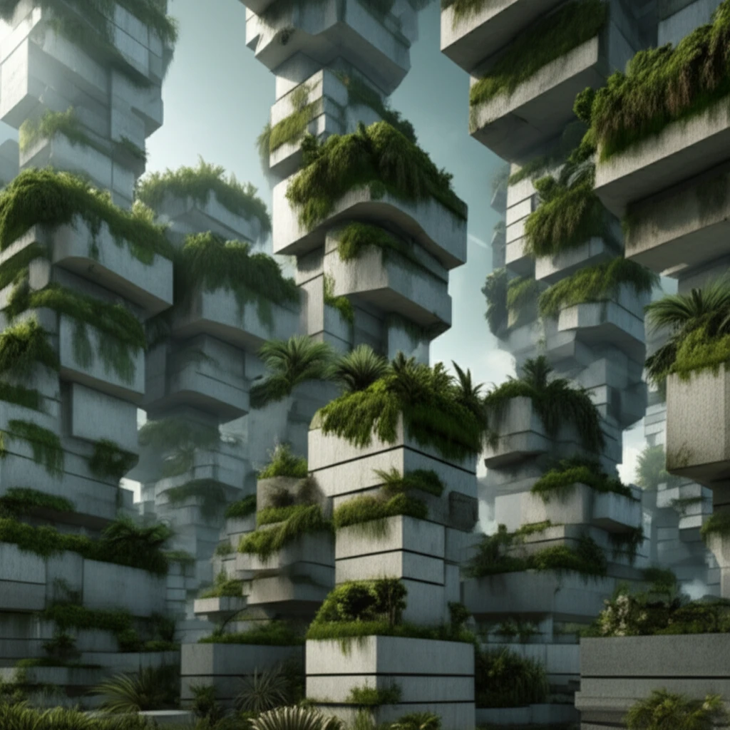 Eco-friendly cityscape with buildings made of aerated concrete and plants.