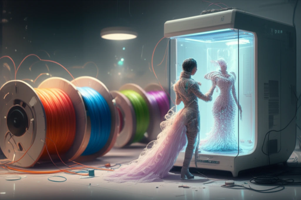 Futuristic fashion designer creating a 3D-printed dress.