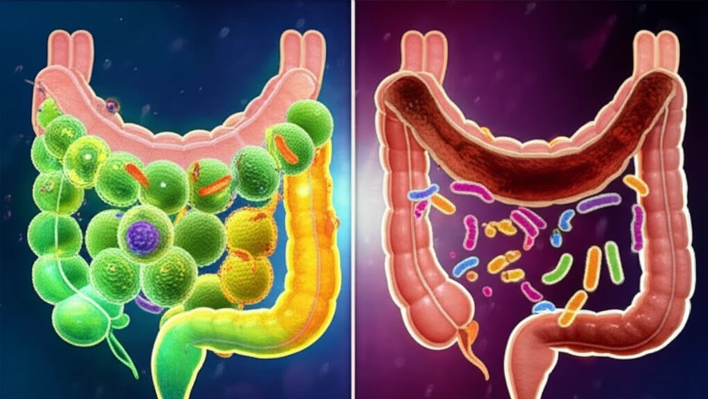 Illustration of a healthy and unhealthy gut, highlighting the role of immune cells in maintaining gut barrier integrity.