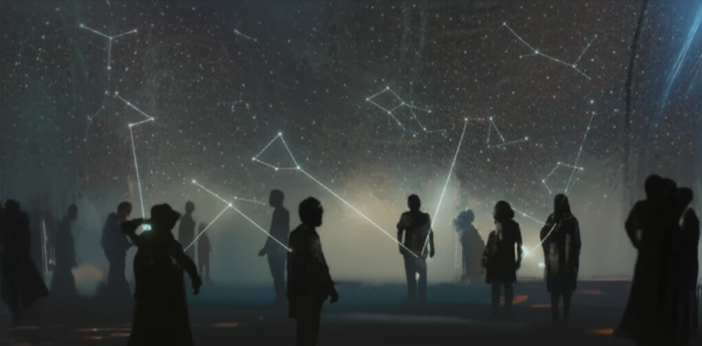 Faint constellations connecting figures, symbolizing pattern detection.