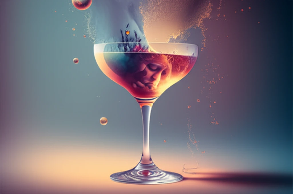 Surreal illustration of a cocktail glass overflowing with scenes of celebration and distress, symbolizing the complex nature of binge drinking.