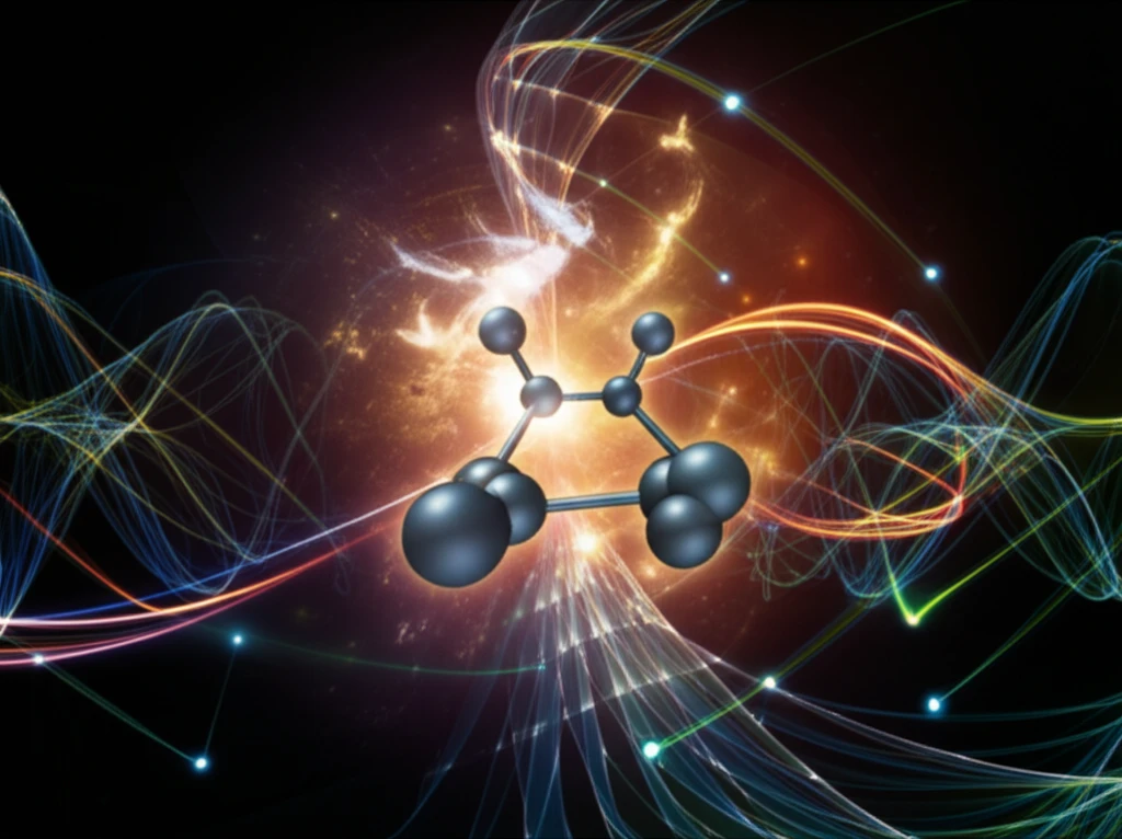 Surreal illustration of terahertz waves manipulating a croconic acid molecule for ultrafast data transmission.