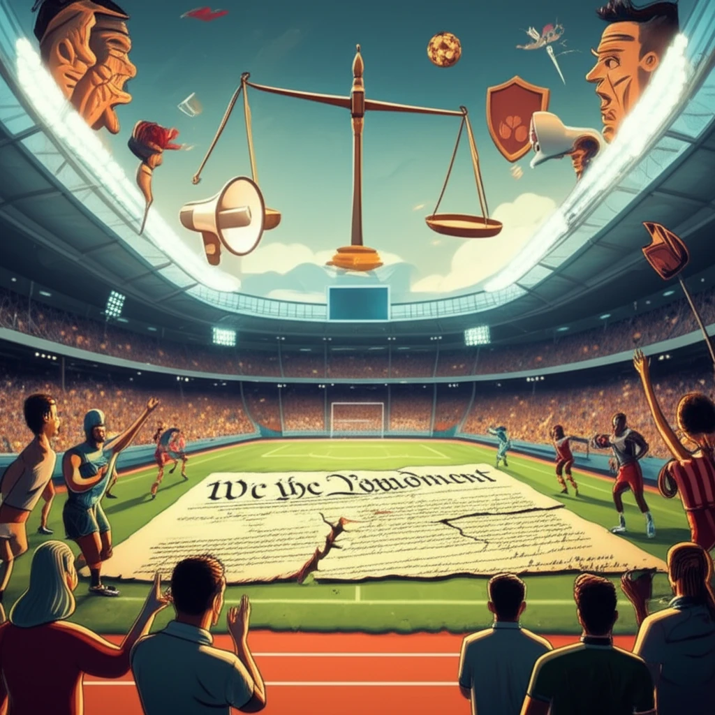 Symbolic image representing the balance between free speech and protection in sports.