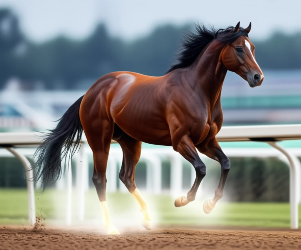 Thoroughbred racehorse with glowing legs running on a blurred racetrack.