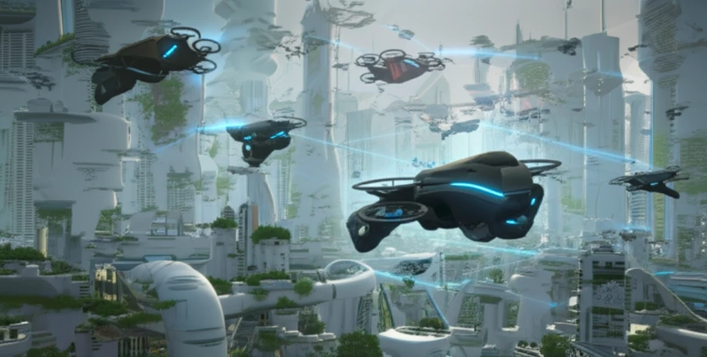 Futuristic city with network of drones
