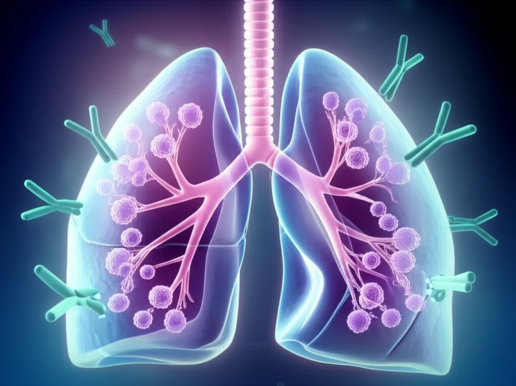 Illustration of lungs with eosinophils neutralized by Anti-IgE antibodies