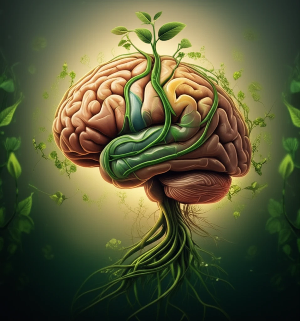 Brain intertwined with plant roots and leaves, symbolizing the connection between nature and neurological health