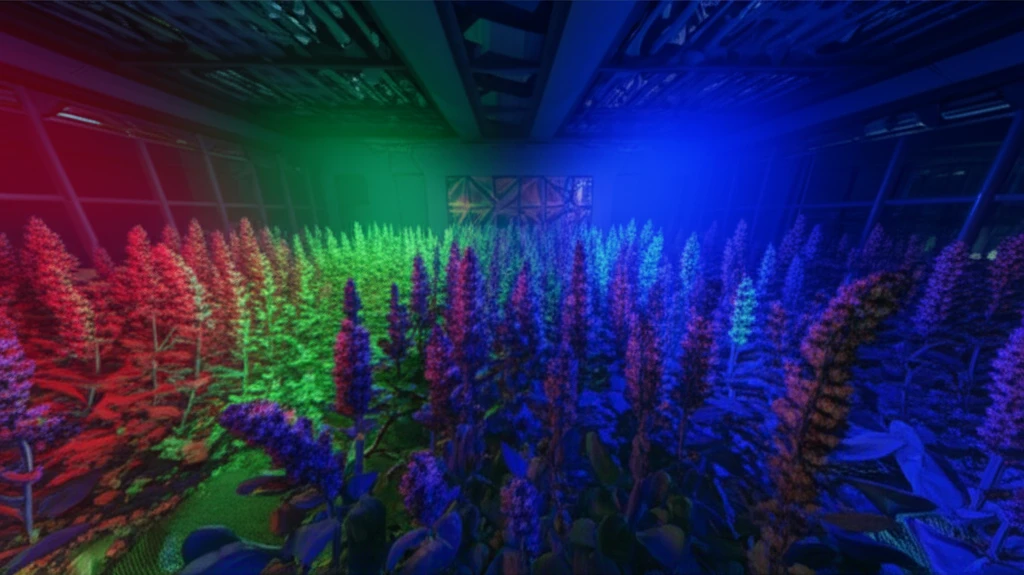 Ajuga bracteosa plants flourishing under colored lights in a greenhouse