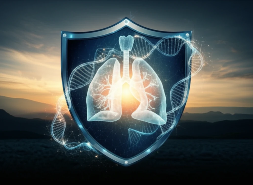 Glowing lung protected by a shield, symbolizing cancer treatment breakthroughs.