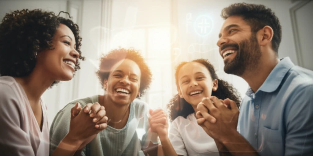 Family praying together, symbolizing the connection between faith and oral well-being.
