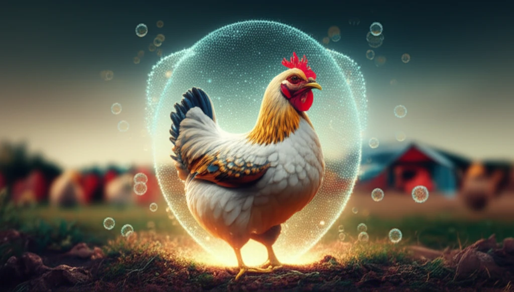 Stylized chicken surrounded by glowing nanoparticles forming a protective shield.