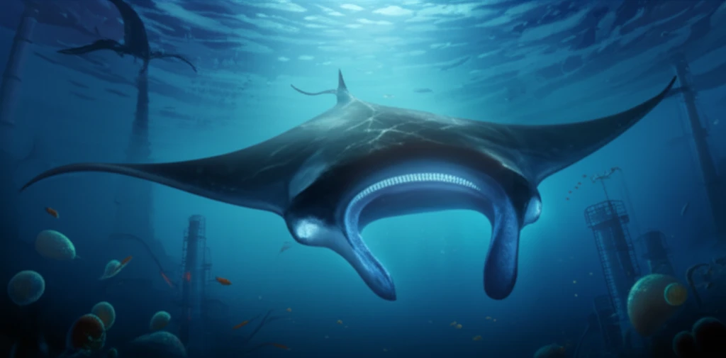 Illustration of a manta ray swimming, representing its unique filtration system and potential industrial applications.
