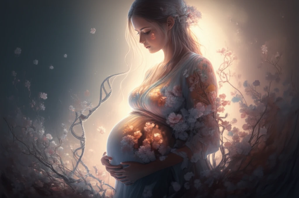 Glowing pregnant woman intertwined with DNA and flowers.